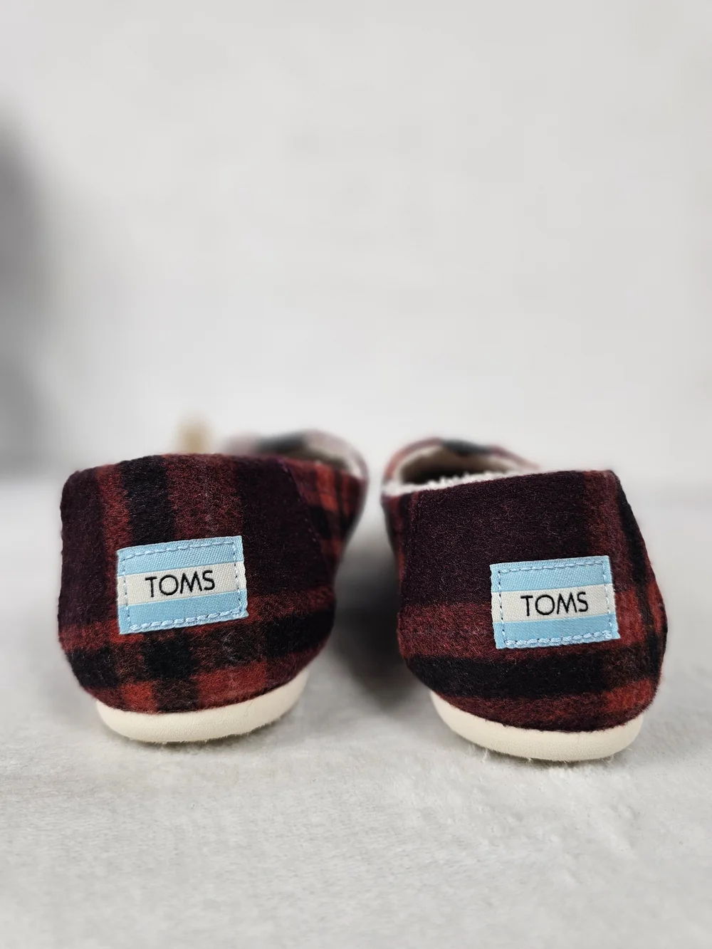 TOMS Alpargata Flat Wool Red Plaid Women's 7.5 Faux Fur Slip On Shoes Boho Cute